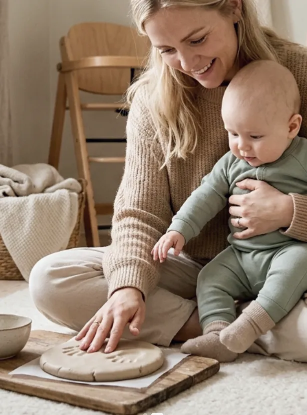 A parent creating a baby handprint keepsake