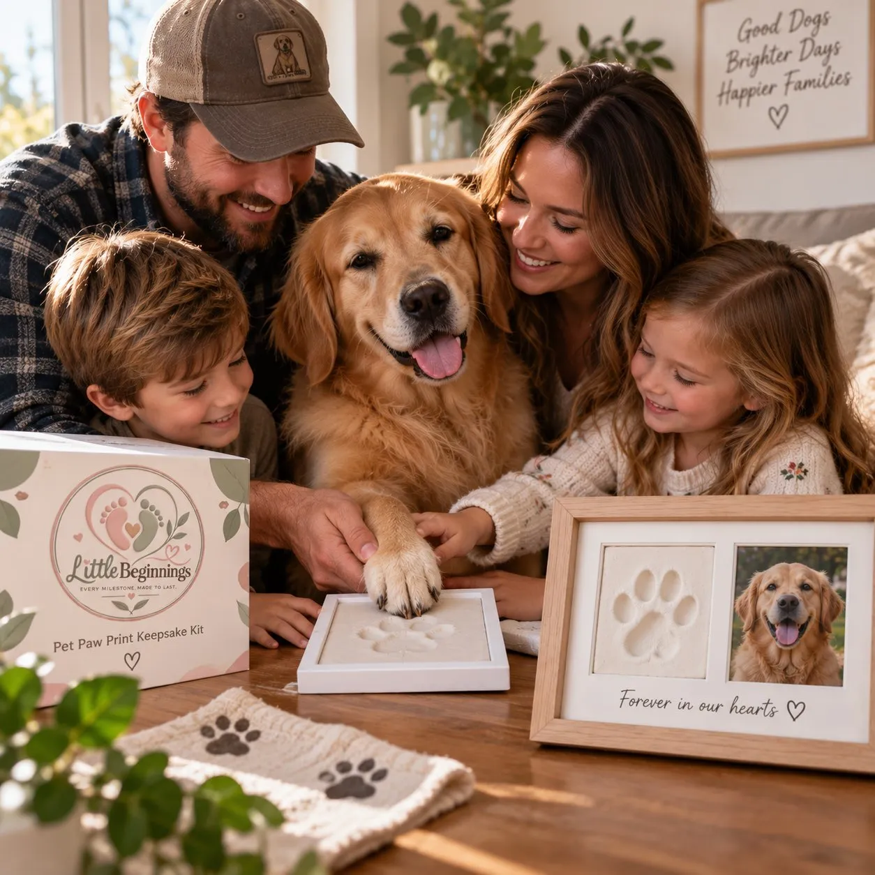 A family creating a paw print keepsake with their dog