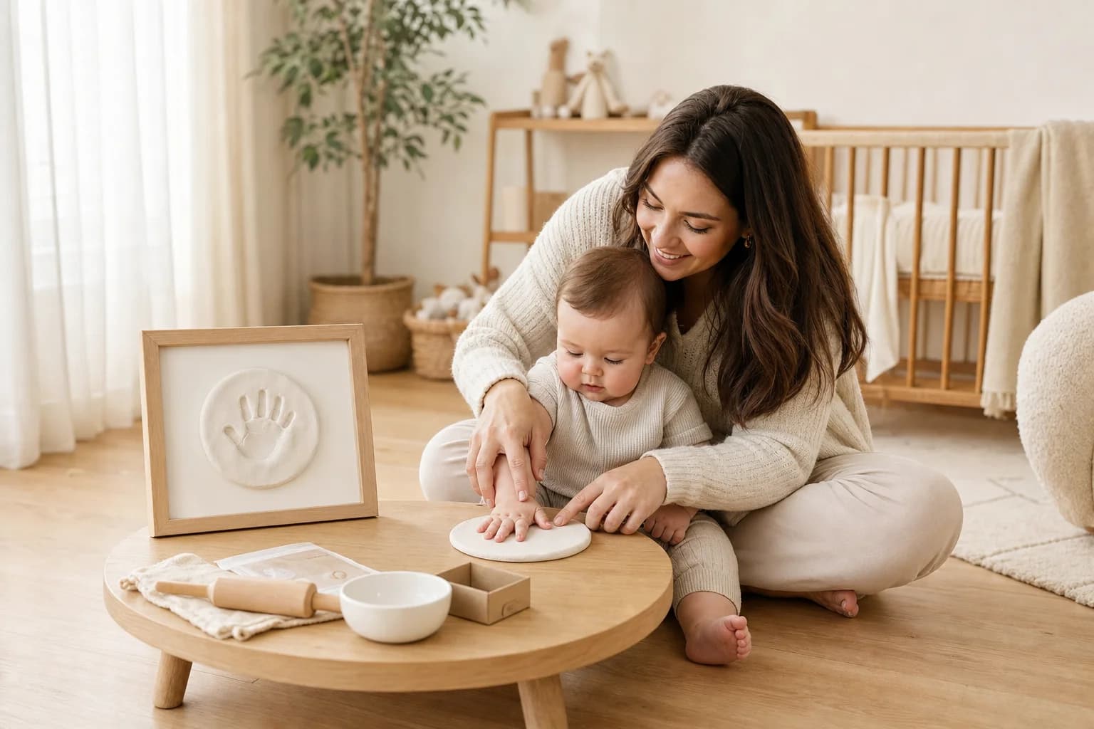 A mother gently pressing her baby's hand into the clay impression kit